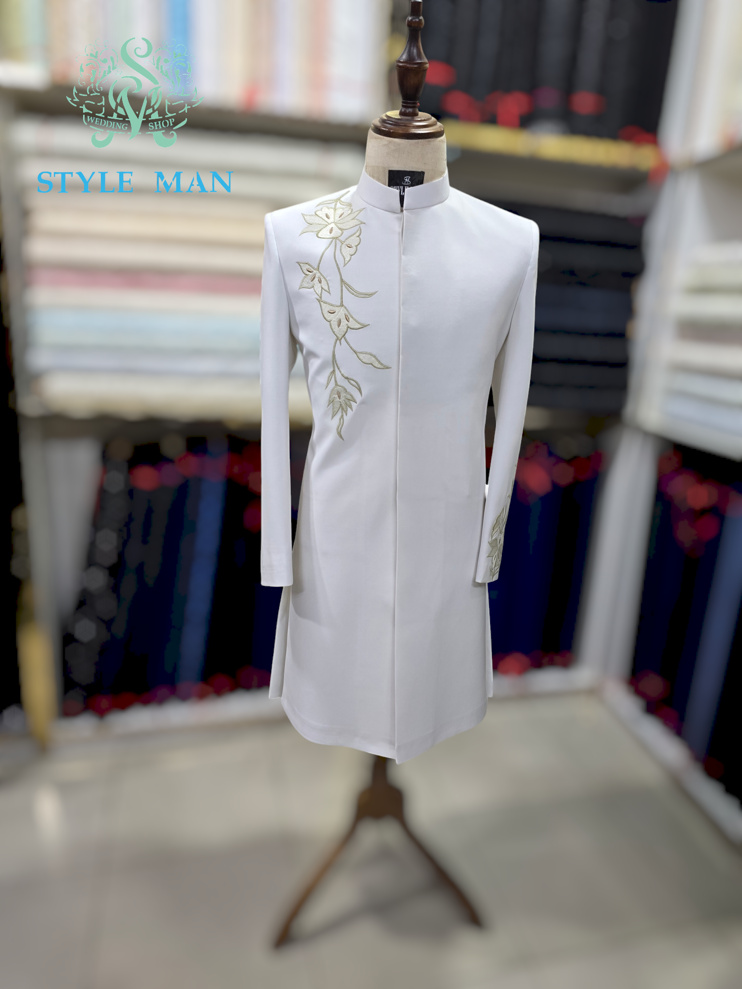 Embroidery work white sherwani